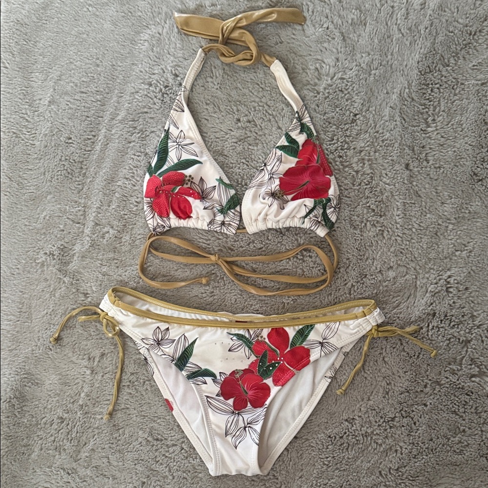 Guess Floral Triangle Bikini in White, Red & Green with Gold Trim